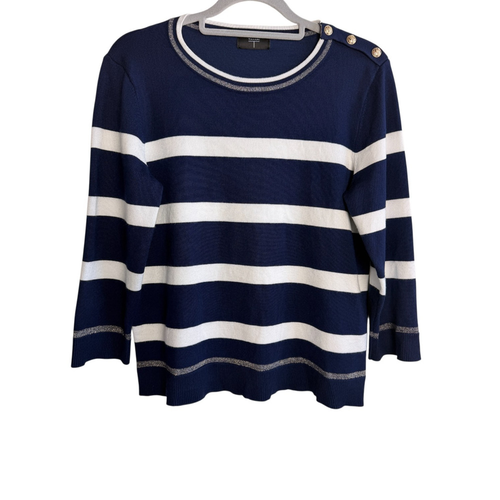 Tahari Navy White Stripe Knit Sweater Gold Crest Shoulder Buttons Lurex Trim M
